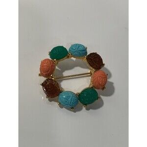 Vintage Multi Color Scarab Wreath Gold Tone Broach Celeberty USA